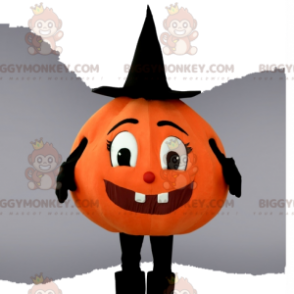 Cute Pumpkin BIGGYMONKEY™ Mascot Costume With Pointy Black Hat