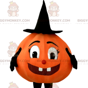 Cute Pumpkin BIGGYMONKEY™ Mascot Costume With Pointy Black Hat