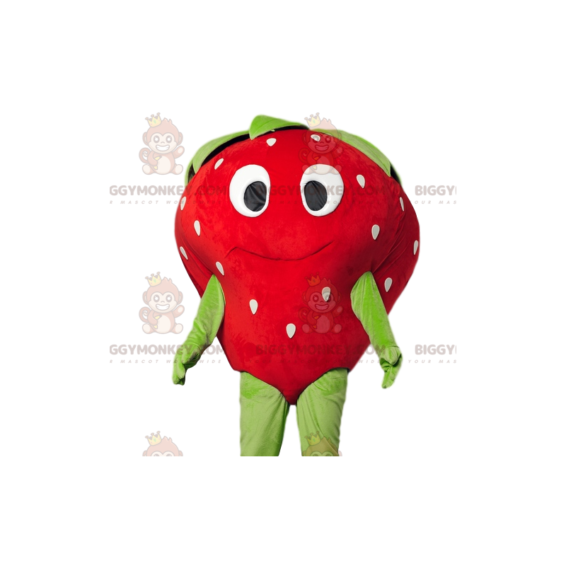  BIGGYMONKEY™ Maskottchen-Kostüm von Flirty Strawberry mit einem schönen Lächeln - Fruchtmaskottchen - BiggyMonkey.com