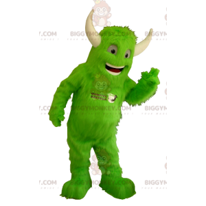 BIGGYMONKEY™ Maskotdräkt Helt lurvigt grönt monster med horn -