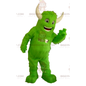 BIGGYMONKEY™ Maskotdräkt Helt lurvigt grönt monster med horn -