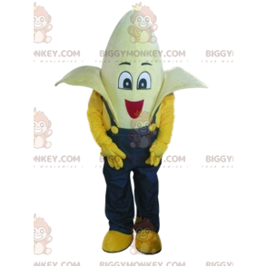 Super rolig Banana BIGGYMONKEY™ maskotdräkt med blå overall -