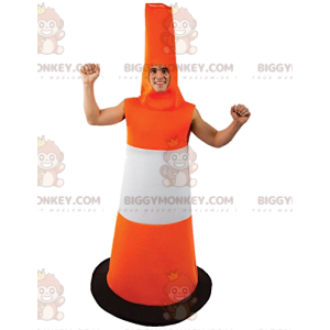 Oranssi ja valkoinen Traffic Cone BIGGYMONKEY™ maskottiasu -