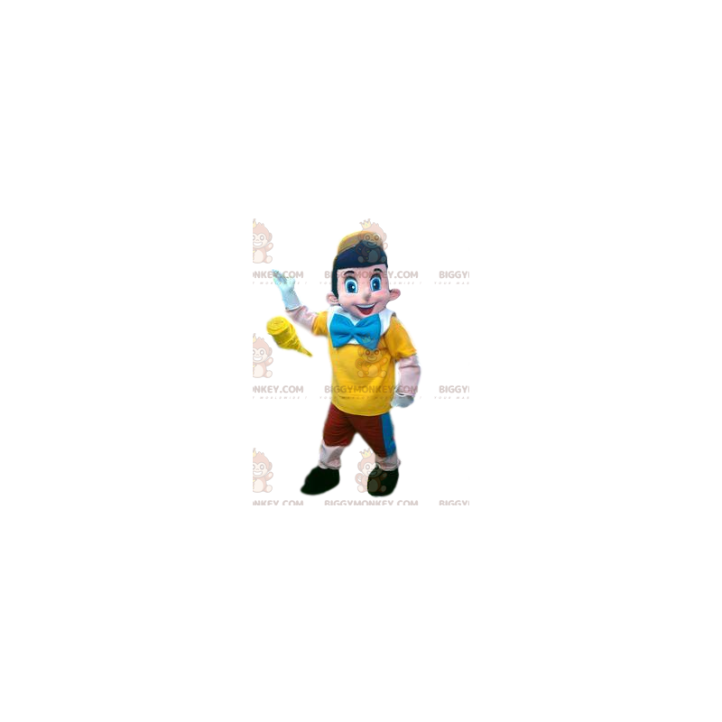 Kostým maskota Pinocchio BIGGYMONKEY™ a červený, žlutý a modrý