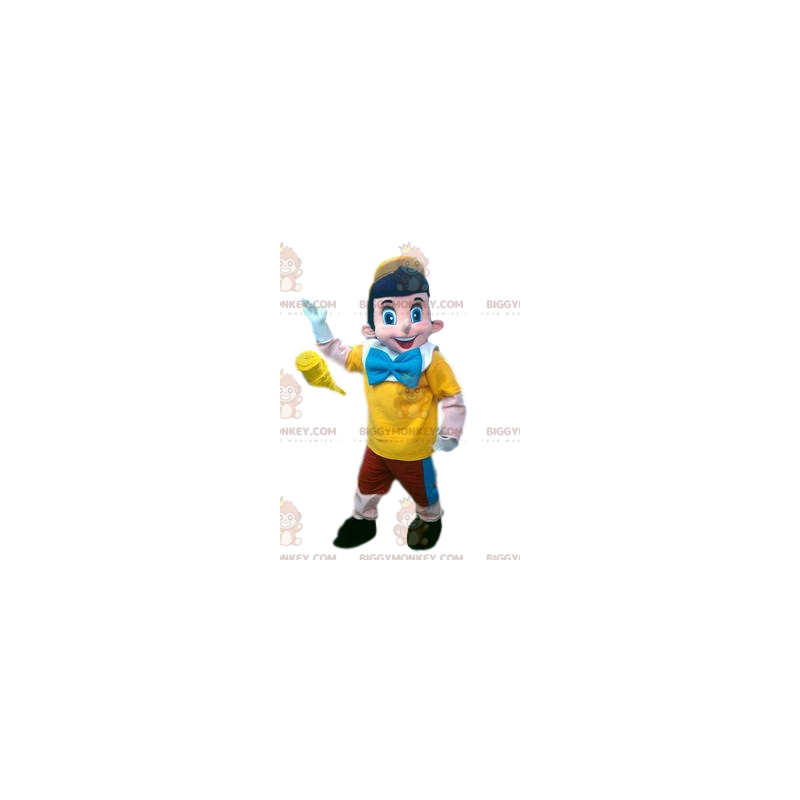 Pinocchio BIGGYMONKEY™ maskotkostume og rødt, gult og blåt Pinocchio BIGGYMONKEY™ maskotkostume og rødt, gult og blåt