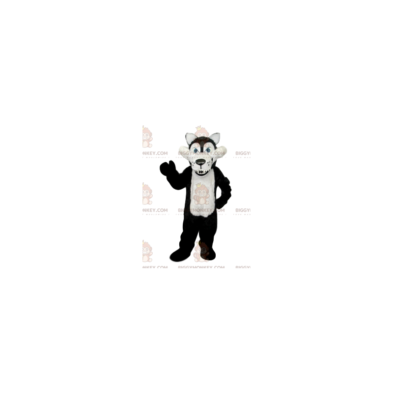 BIGGYMONKEY™ Mascottekostuum Zwart-witte wrede wolf met enorme BIGGYMONKEY™ Mascottekostuum Zwart-witte wrede wolf met enorme