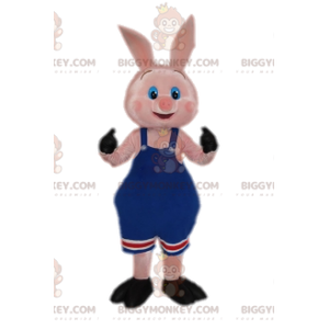 BIGGYMONKEY™ maskotkostume af lille pink gris med blå overalls