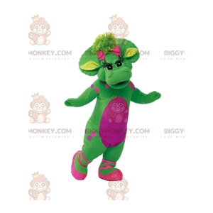 BIGGYMONKEY™ Maskotdräkt Grön kvinnlig dinosaurie med rosa