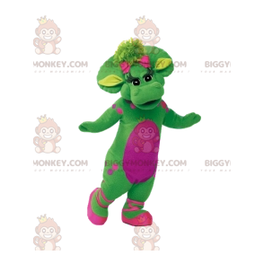BIGGYMONKEY™ maskotkostyme Grønn kvinnelig dinosaur med rosa prikker og liten sløyfe - Dinosaur-maskoter - BiggyMonkey.com