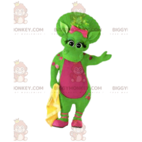 BIGGYMONKEY™ maskotkostyme Grønn kvinnelig dinosaur med rosa prikker og liten sløyfe - Dinosaur-maskoter - BiggyMonkey.com