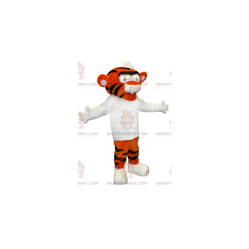 Traje de mascote BIGGYMONKEY™ de tigre laranja e preto com Traje de mascote BIGGYMONKEY™ de tigre laranja e preto com