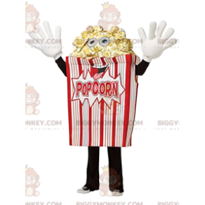 Traje de mascote de cone de pipoca vermelho e branco maluco