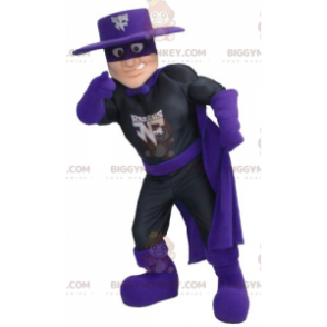 Zorro Superhero BIGGYMONKEY™ maskottiasu mustassa ja violetissa asussa - Supersankari maskotti - BiggyMonkey.com