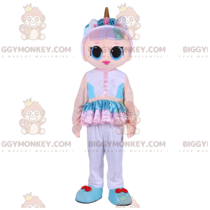 BIGGYMONKEY™ costume mascotte bambola fantasia rosa con corno