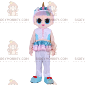 BIGGYMONKEY™ costume mascotte bambola fantasia rosa con corno