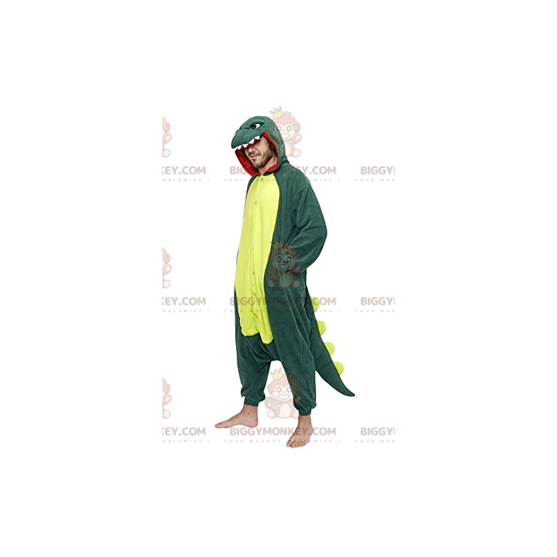 BIGGYMONKEY™ mascottekostuum van groene dinosaurus met zijn BIGGYMONKEY™ mascottekostuum van groene dinosaurus met zijn