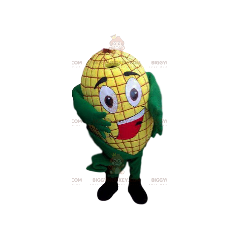 Fantasia de mascote de espiga de milho amarela gananciosa sorridente BIGGYMONKEY™ - Mascote de comida - BiggyMonkey.com