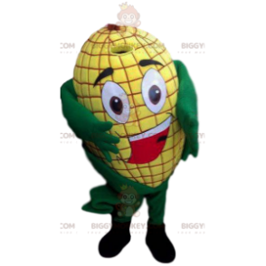 Fantasia de mascote de espiga de milho amarela gananciosa sorridente BIGGYMONKEY™ - Mascote de comida - BiggyMonkey.com