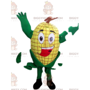 Fantasia de mascote de espiga de milho amarela gananciosa sorridente BIGGYMONKEY™ - Mascote de comida - BiggyMonkey.com