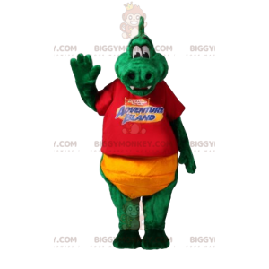 Grüner Dinosaurier BIGGYMONKEY™ Maskottchenkostüm mit rotem