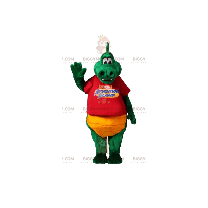 Grüner Dinosaurier BIGGYMONKEY™ Maskottchenkostüm mit rotem Grüner Dinosaurier BIGGYMONKEY™ Maskottchenkostüm mit rotem