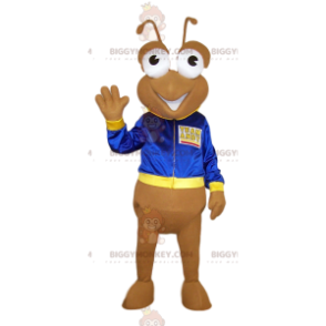 BIGGYMONKEY™ Maskottchenkostüm beige Ameise mit blauer Jacke -