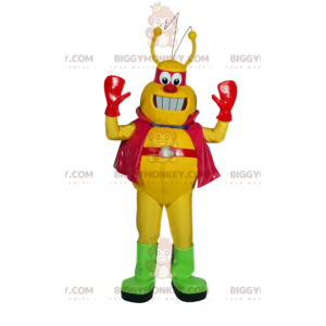 Kostým maskota BIGGYMONKEY™ žlutého hmyzu s červenou pláštěnkou