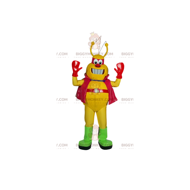 BIGGYMONKEY™ mascottekostuum van geel insect met rode cape en BIGGYMONKEY™ mascottekostuum van geel insect met rode cape en