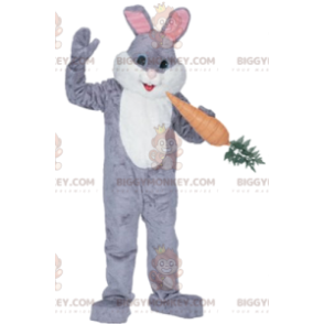 Kostým maskota BIGGYMONKEY™ Šedobílý zajíček s gurmánskou mrkví - Králík maskot - BIGGYMONKEY_011794 - BiggyMonkey.com