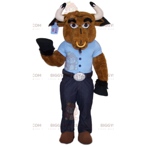 Brown ox BIGGYMONKEY™ mascot costume with blue t-shirt and ring