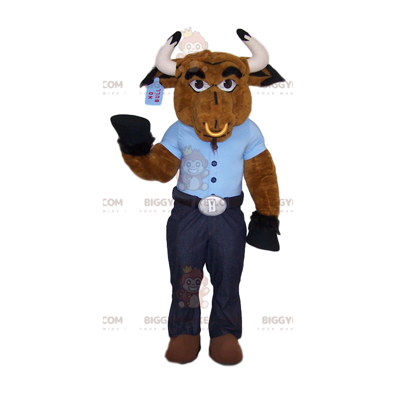 Brown ox BIGGYMONKEY™ mascot costume with blue t-shirt and ring Brown ox BIGGYMONKEY™ mascot costume with blue t-shirt and ring
