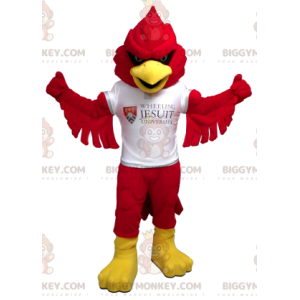 Rode en gele vogel BIGGYMONKEY™ mascottekostuum met wit T-shirt