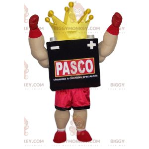 Boxer BIGGYMONKEY™ maskotkostume med gul krone og røde shorts -