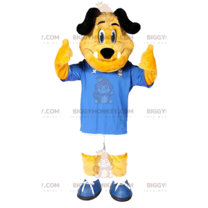 Kostým maskota BIGGYMONKEY™ Žlutý pes s modrobílým fotbalovým