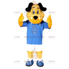 BIGGYMONKEY™ Maskotdräkt Gul hund med blå och vit fotbollsoutfit - Hundmaskot - BIGGYMONKEY_011803 - BiggyMonkey.com
