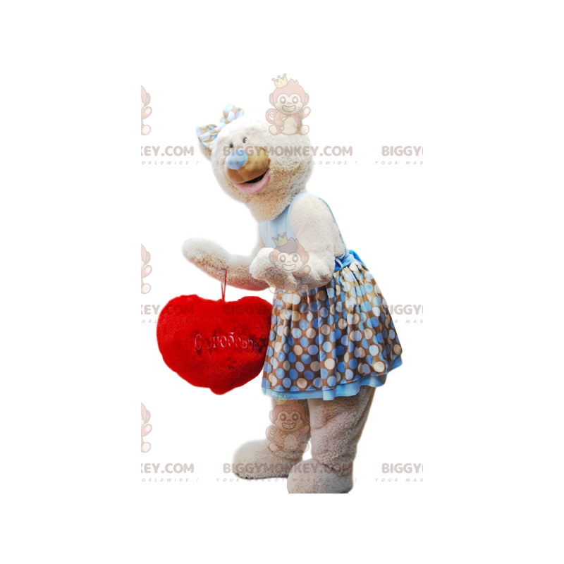 BIGGYMONKEY™ mascot costume of cuddly beige bear with its red BIGGYMONKEY™ mascot costume of cuddly beige bear with its red