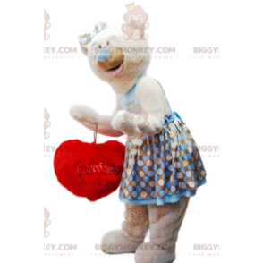 BIGGYMONKEY™ Maskottchen-Kostüm aus kuscheligem beigefarbenem Bären mit rotem „Herz“-Kissen - Bärenmaskottchen - BiggyMonkey.com