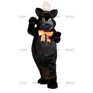 Green-eyed black cat macsotte with its orange bow -