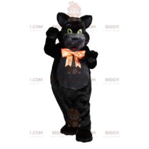 Green-eyed black cat macsotte with its orange bow -