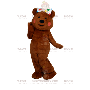 Traje de mascote BIGGYMONKEY™ de lindo urso pardo com laço de