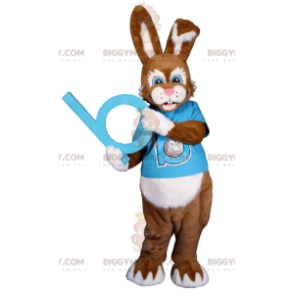 Traje de mascote de coelho marrom BIGGYMONKEY™ com camisa de torcedor azul - Mascote de coelho - BiggyMonkey.com