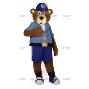 Traje de mascote BIGGYMONKEY™ de urso pardo em shorts e camisa