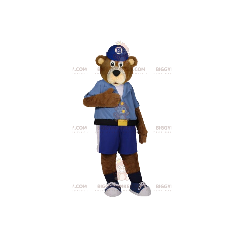 Ruskean karhun BIGGYMONKEY™ maskottiasu sinisissä shortseissa Ruskean karhun BIGGYMONKEY™ maskottiasu sinisissä shortseissa
