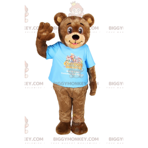 BIGGYMONKEY™ Μασκότ στολή Funny Brown Bear Cub με μπλε μπλουζάκι - Μασκότ αρκούδας - BIGGYMONKEY_011843 - BiggyMonkey.com