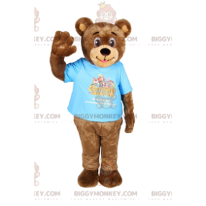 BIGGYMONKEY™ Μασκότ στολή Funny Brown Bear Cub με μπλε μπλουζάκι - Μασκότ αρκούδας - BIGGYMONKEY_011843 - BiggyMonkey.com