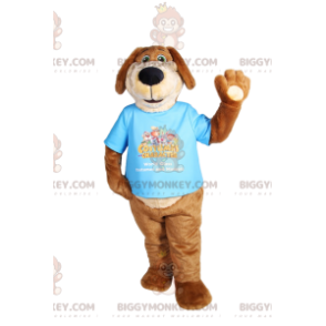 Rolig brun hund BIGGYMONKEY™ maskotdräkt med blå t-shirt -
