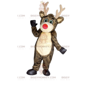 BIGGYMONKEY™ Big Red Nose Brun Renmaskotdräkt - Hjort- och doe-maskot - BIGGYMONKEY_011856 - BiggyMonkey.com