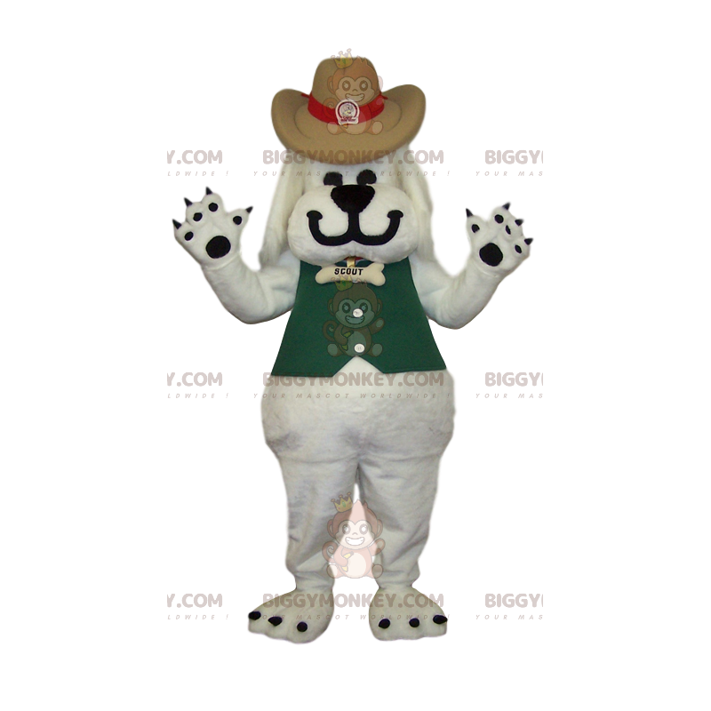 Disfraz de mascota de perro blanco estilo vaquero BIGGYMONKEY™ Disfraz de mascota de perro blanco estilo vaquero BIGGYMONKEY™