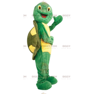 Disfraz de mascota de tortuga amarilla y verde súper alegre