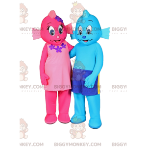 Deux mascotte BIGGYMONKEY™ de bonhomme-poisson rose et bleu -